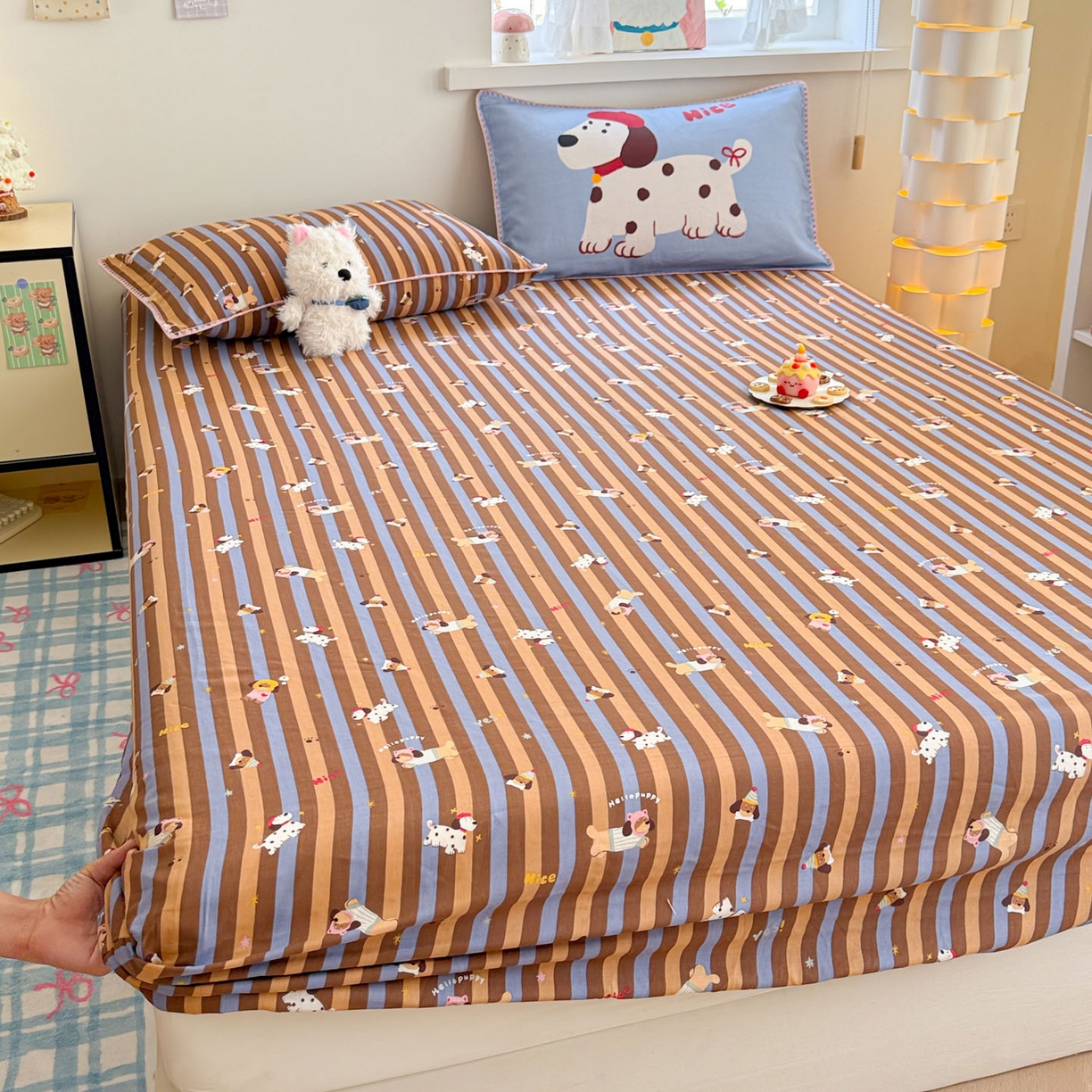 91家纺网 家纺一手货源 找家纺 沐辰 2025新款A类全棉纯棉双层纱单品床笠床笠单件单床笠 斑点狗