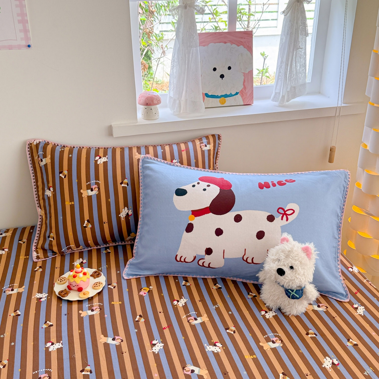 91家纺网 家纺一手货源 找家纺 沐辰 2025新款A类全棉纯棉双层纱单品床笠床笠单件单床笠 斑点狗