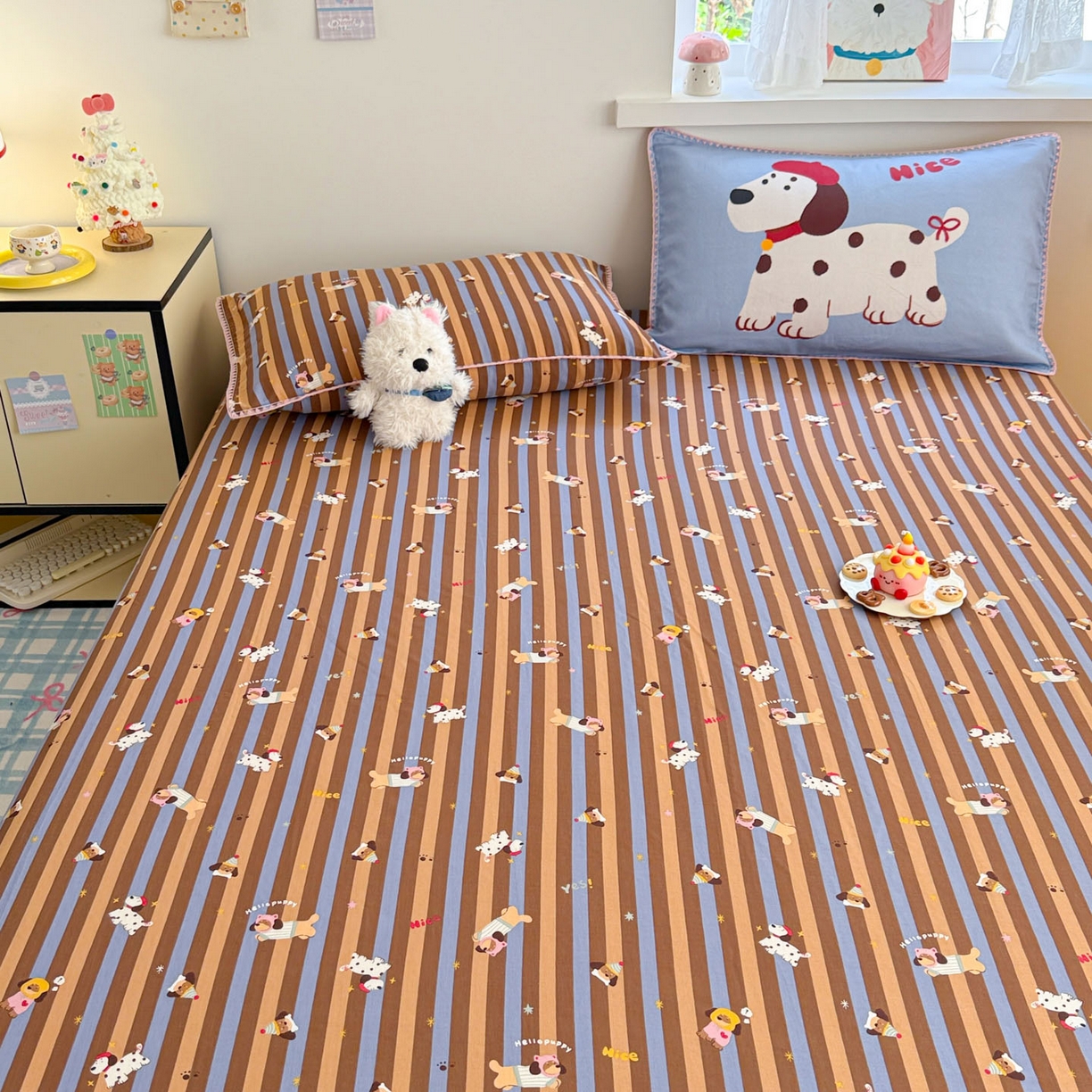 91家纺网 家纺一手货源 找家纺 沐辰 2025新款A类全棉纯棉双层纱单品床笠床笠单件单床笠 斑点狗