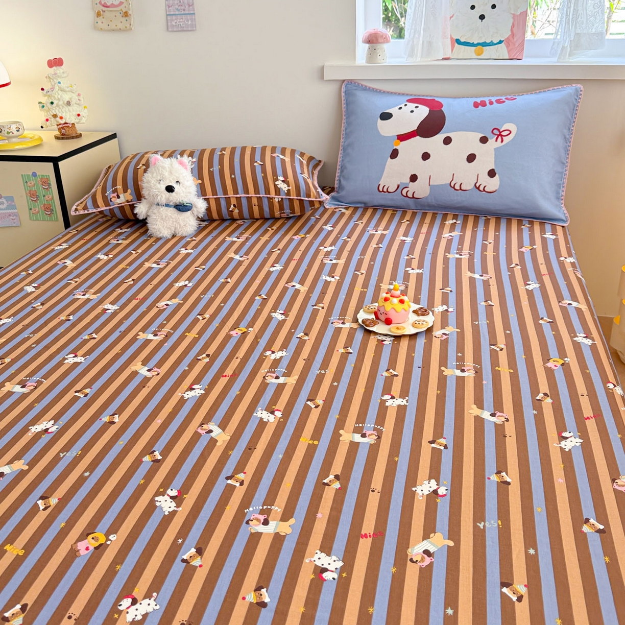 91家纺网 家纺一手货源 找家纺 沐辰 2025新款A类全棉纯棉双层纱单品床笠床笠单件单床笠 斑点狗