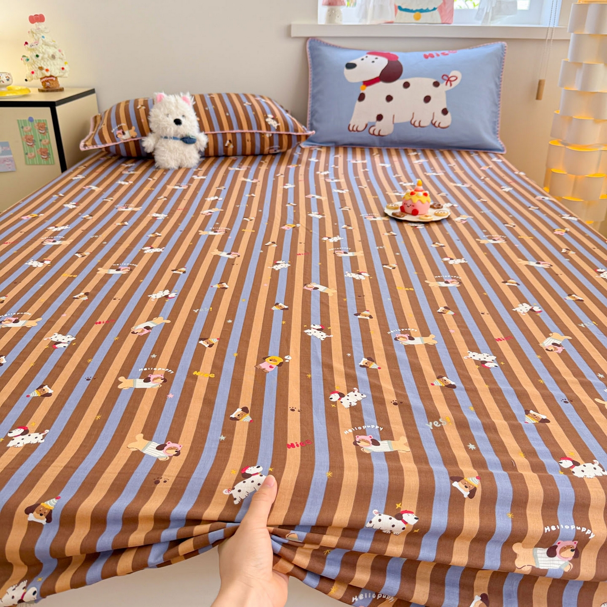 91家纺网 家纺一手货源 找家纺 沐辰 2025新款A类全棉纯棉双层纱单品床笠床笠单件单床笠 斑点狗