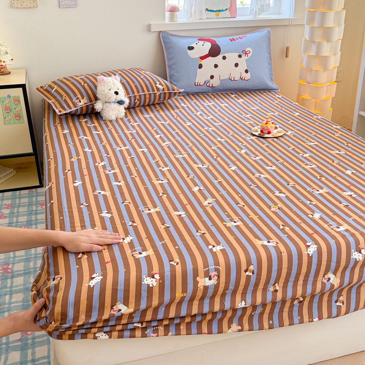 91家纺网 家纺一手货源 找家纺 沐辰 2025新款A类全棉纯棉双层纱单品床笠床笠单件单床笠 斑点狗