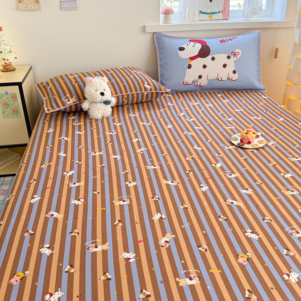 91家纺网 家纺一手货源 找家纺 沐辰 2025新款A类全棉纯棉双层纱单品床笠床笠单件单床笠 斑点狗