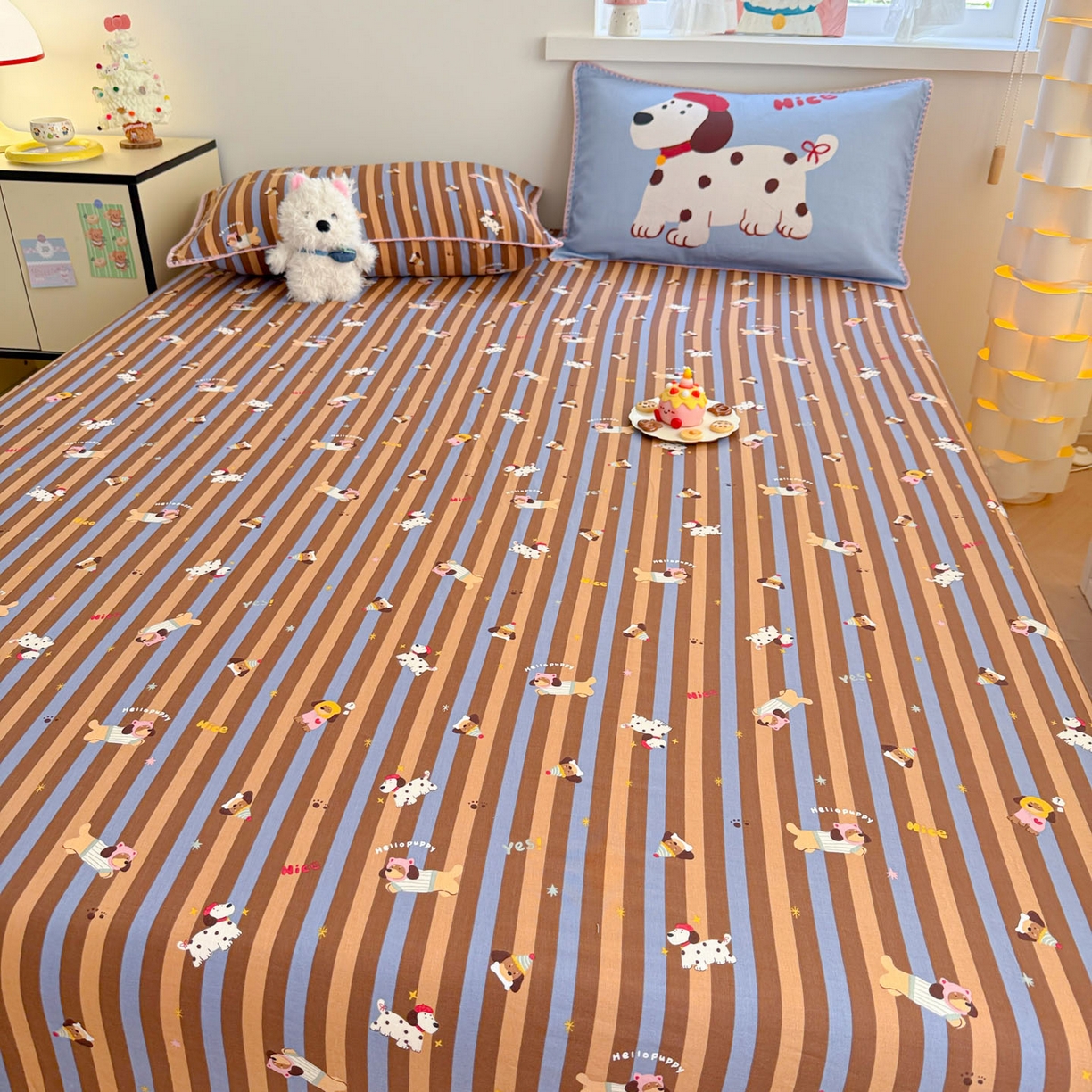 91家纺网 家纺一手货源 找家纺 沐辰 2025新款A类全棉纯棉双层纱单品床笠床笠单件单床笠 斑点狗