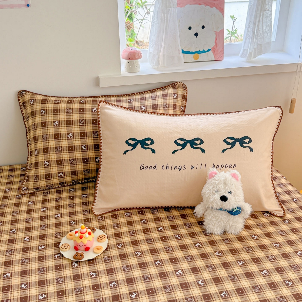 91家纺网 家纺一手货源 找家纺 沐辰 2025新款A类全棉纯棉双层纱单品床笠床笠单件单床笠 好运蝴蝶结