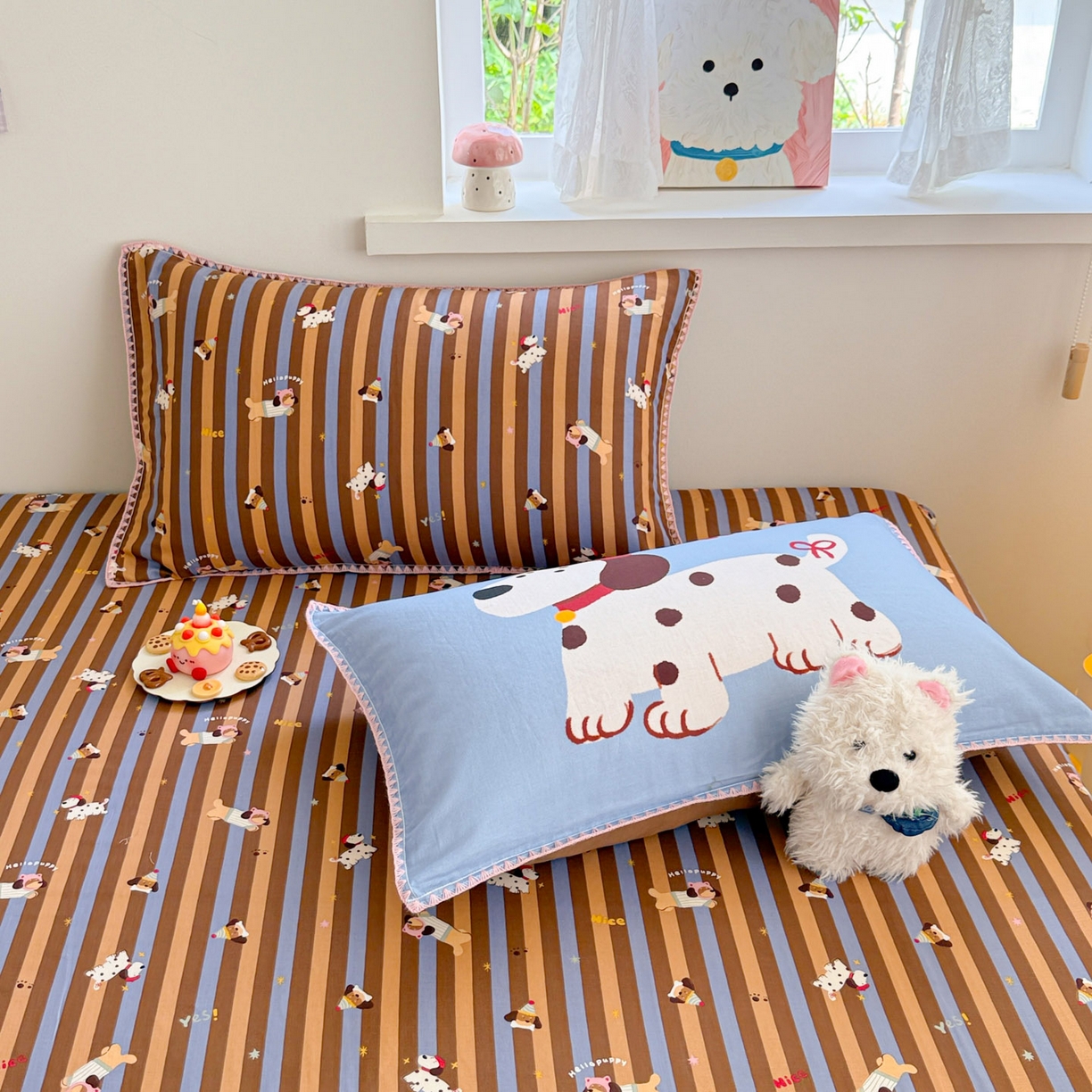 91家纺网 家纺一手货源 找家纺 沐辰 2025新款A类全棉纯棉双层纱单品床笠床笠单件单床笠 斑点狗