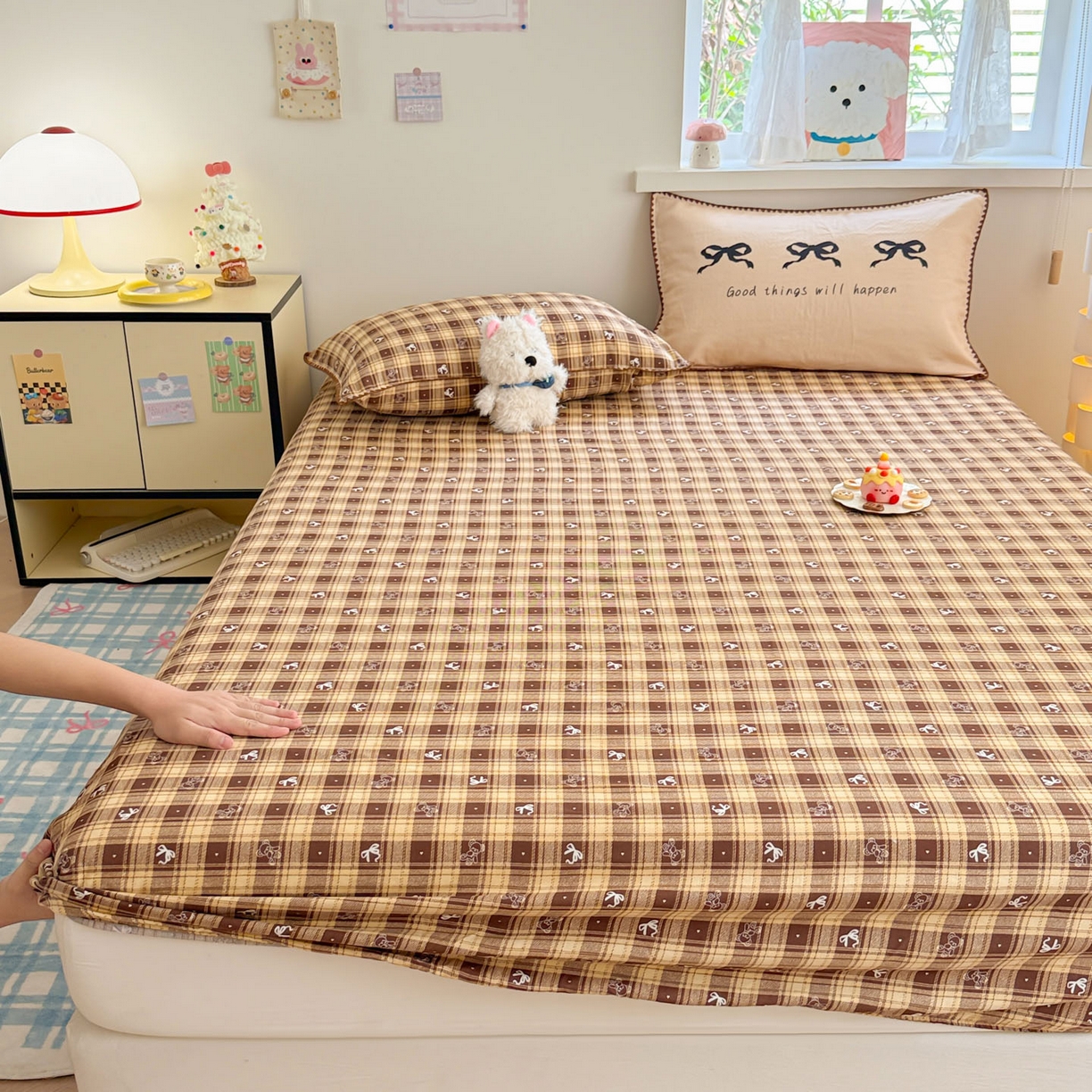 91家纺网 家纺一手货源 找家纺 沐辰 2025新款A类全棉纯棉双层纱单品床笠床笠单件单床笠 好运蝴蝶结