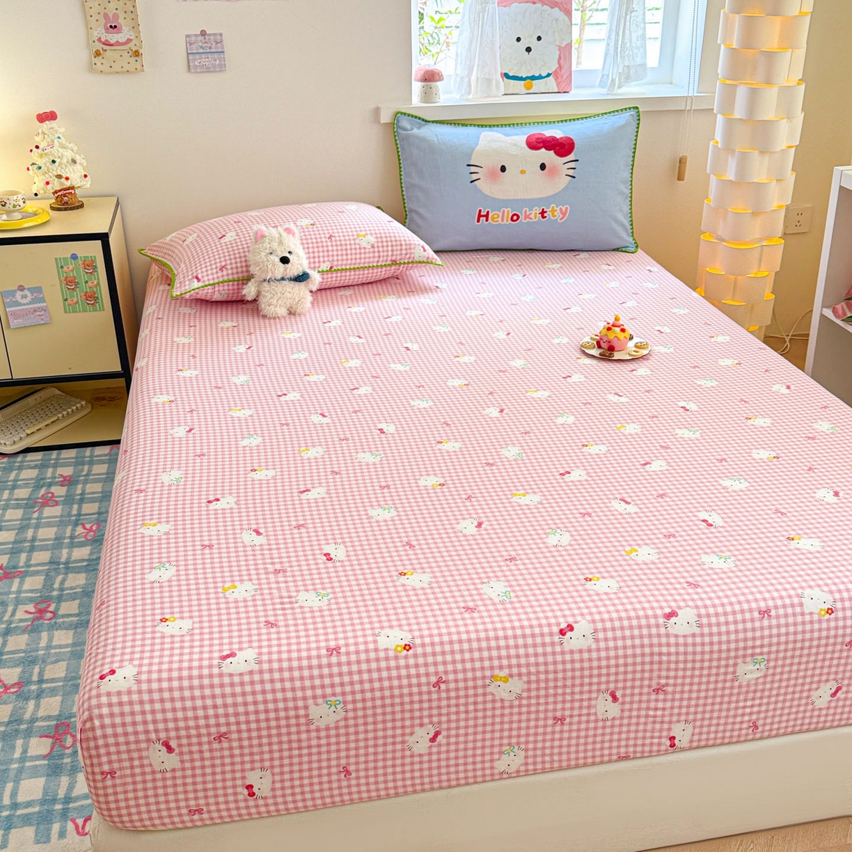 91家纺网 家纺一手货源 找家纺 沐辰 2025新款A类全棉纯棉双层纱单品床笠床笠单件单床笠 蓝色小猫