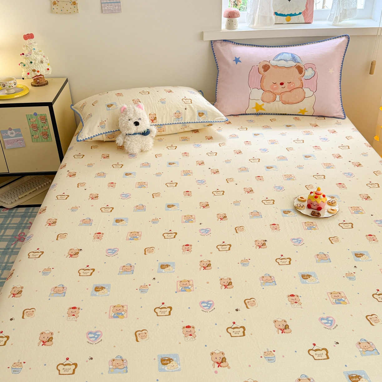 91家纺网 家纺一手货源 找家纺 沐辰 2025新款A类全棉纯棉双层纱单品床笠床笠单件单床笠 晚安熊