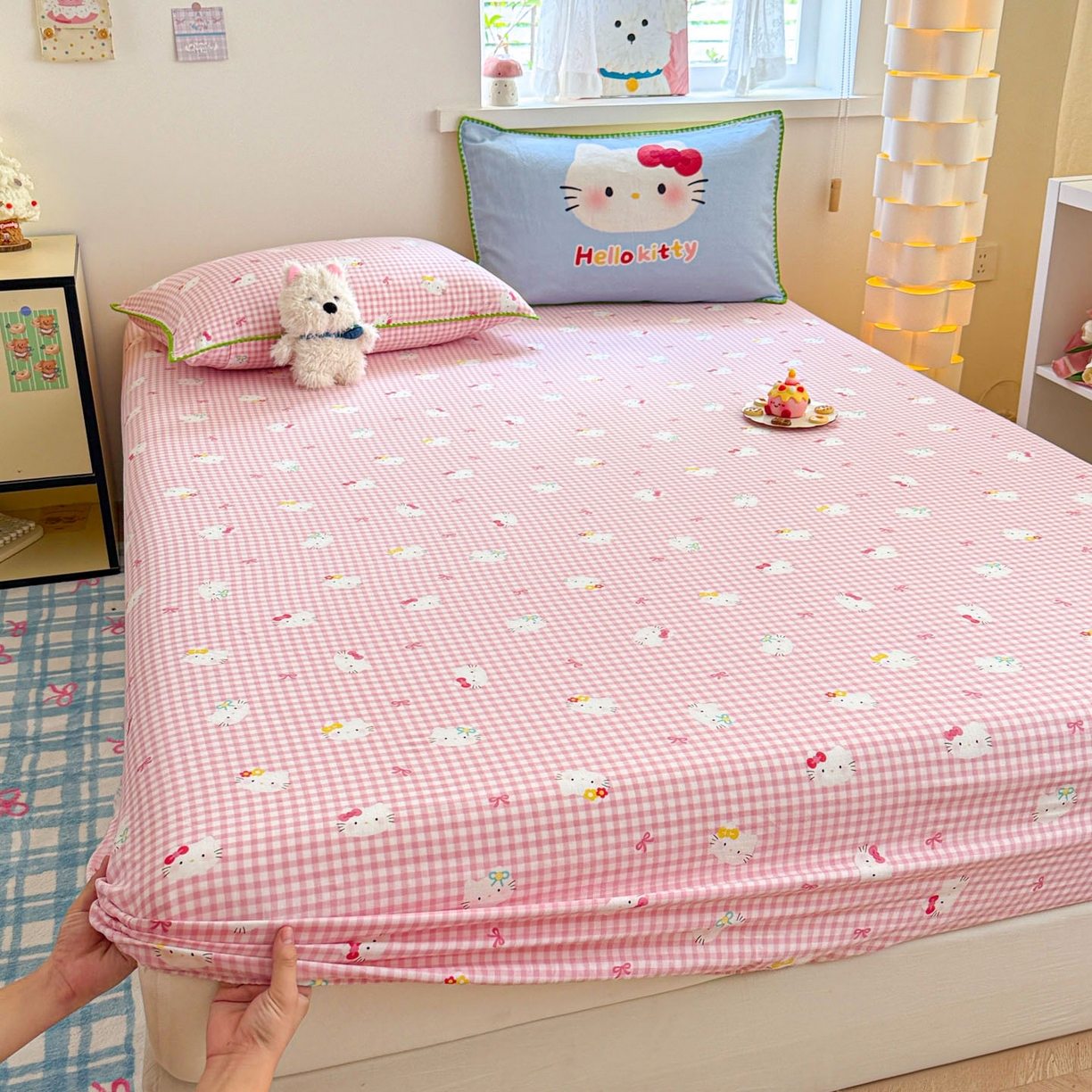 91家纺网 家纺一手货源 找家纺 沐辰 2025新款A类全棉纯棉双层纱单品床笠床笠单件单床笠 蓝色小猫