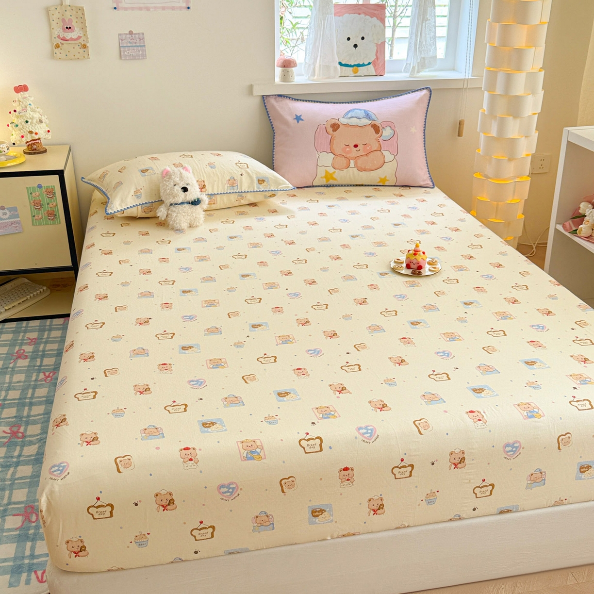 91家纺网 家纺一手货源 找家纺 沐辰 2025新款A类全棉纯棉双层纱单品床笠床笠单件单床笠 晚安熊