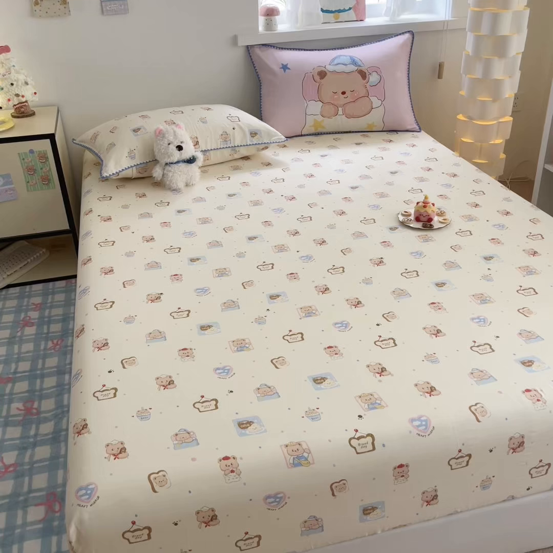 91家纺网 家纺一手货源 找家纺 沐辰 2025新款A类全棉纯棉双层纱单品床笠床笠单件单床笠 晚安熊