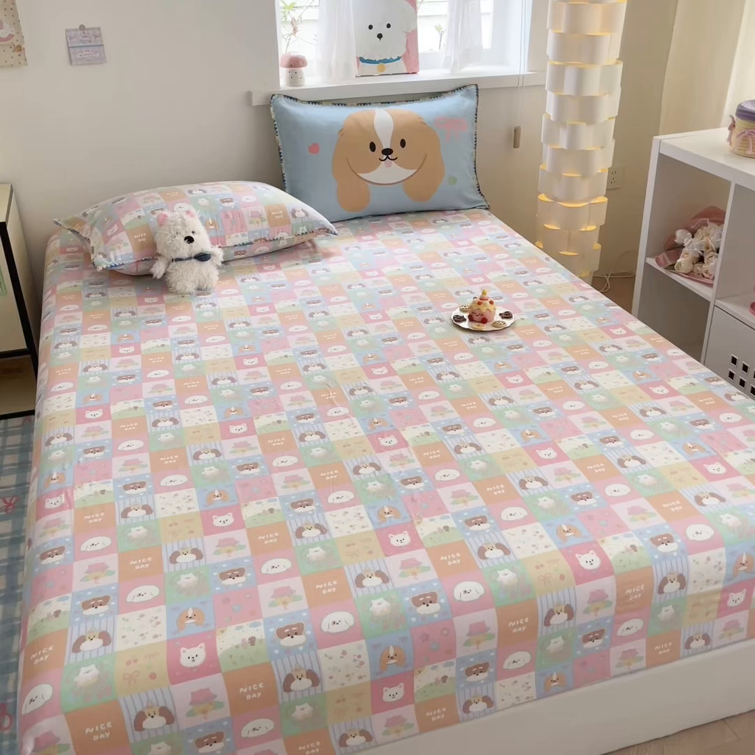 91家纺网 家纺一手货源 找家纺 沐辰 2025新款A类全棉纯棉双层纱单品床笠床笠单件单床笠 格子狗狗