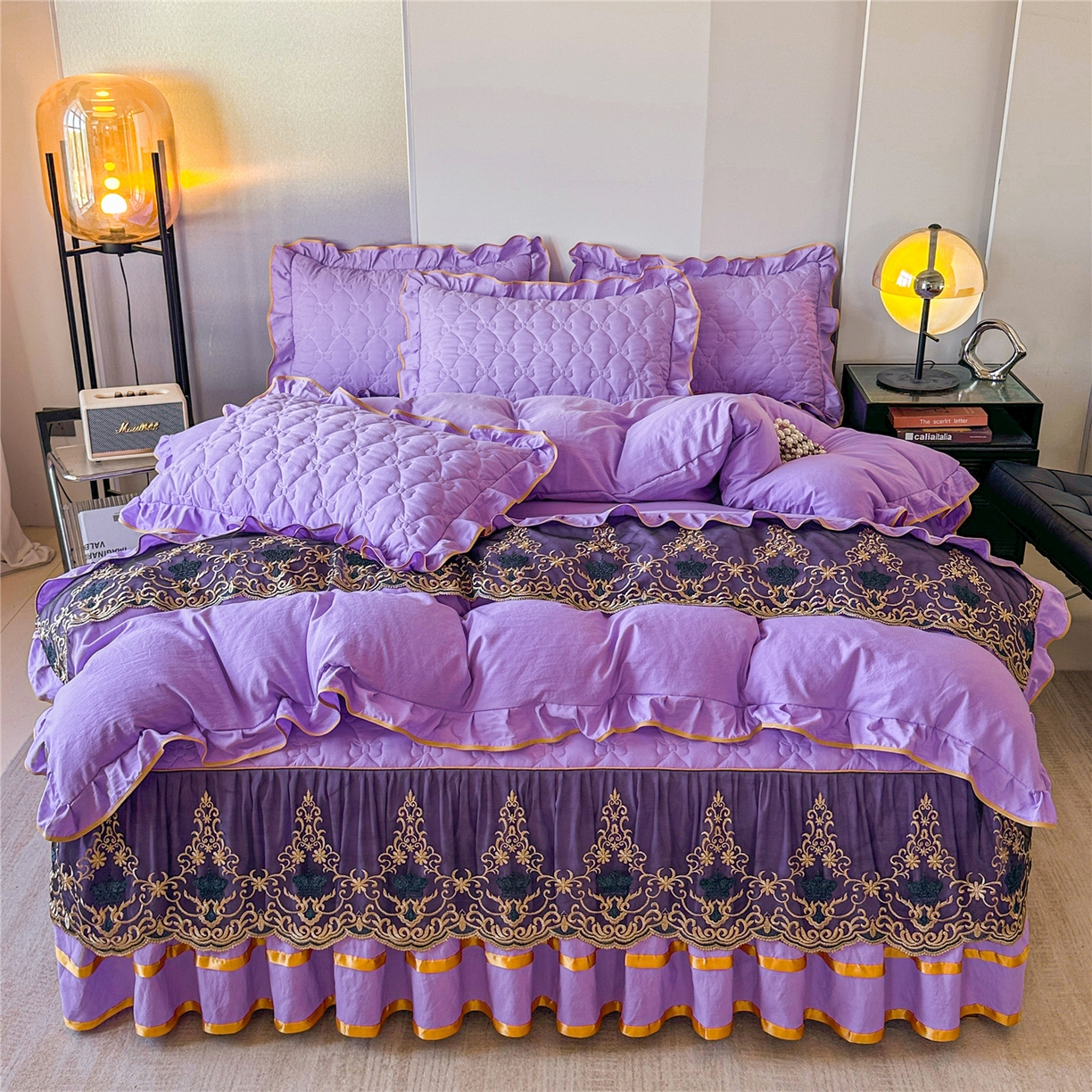 91家纺网 家纺一手货源 找家纺 屹成家纺 2025新款水洗棉床裙款四件套-倾城 倾城-浅紫