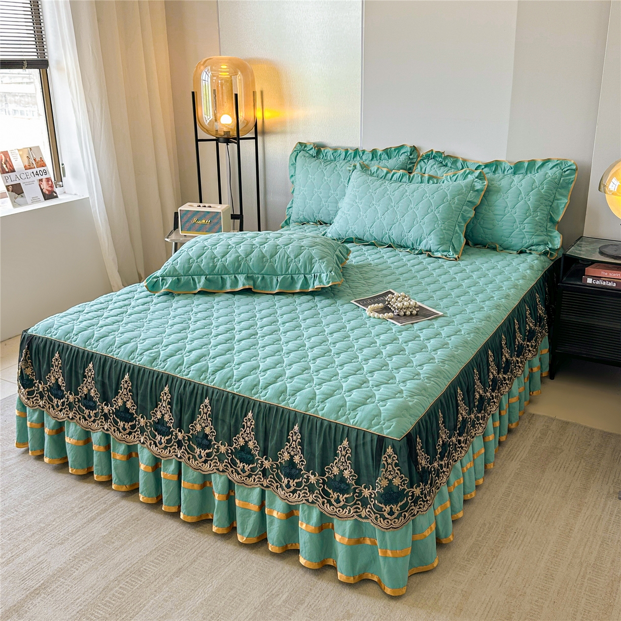 91家纺网 家纺一手货源 找家纺 屹成家纺 2025新款水洗棉床裙款四件套-倾城 倾城-橄榄绿