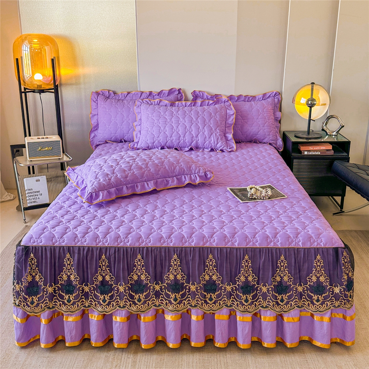 91家纺网 家纺一手货源 找家纺 屹成家纺 2025新款水洗棉床裙款四件套-倾城 倾城-浅紫