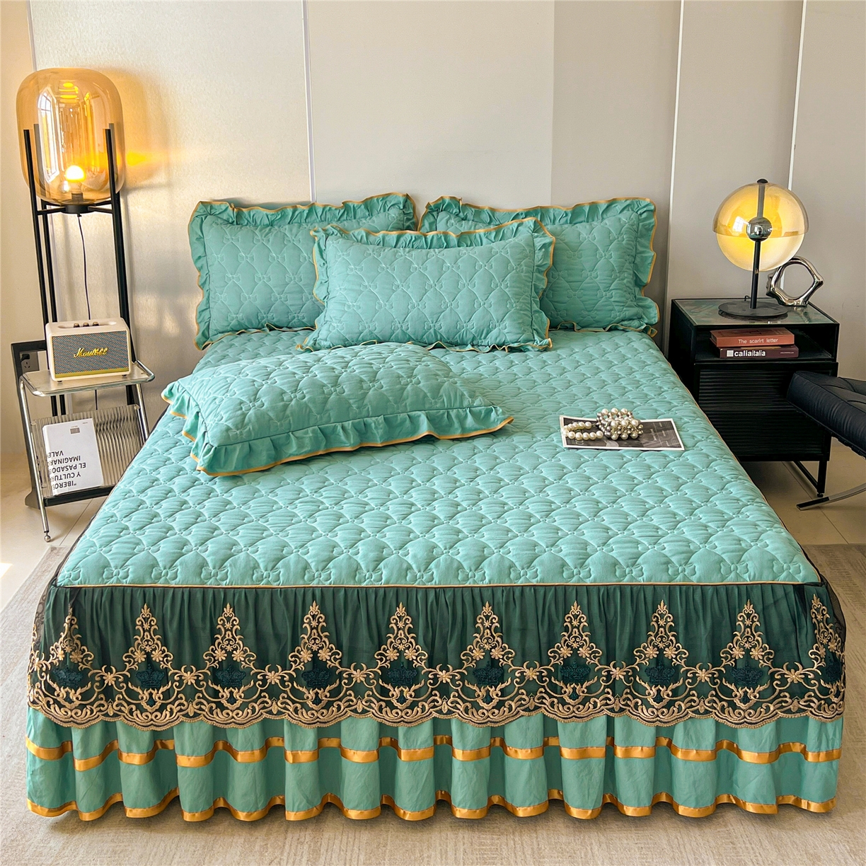 屹成家纺 2025新款水洗棉单床裙 床裙单件-倾城 倾城-橄榄绿