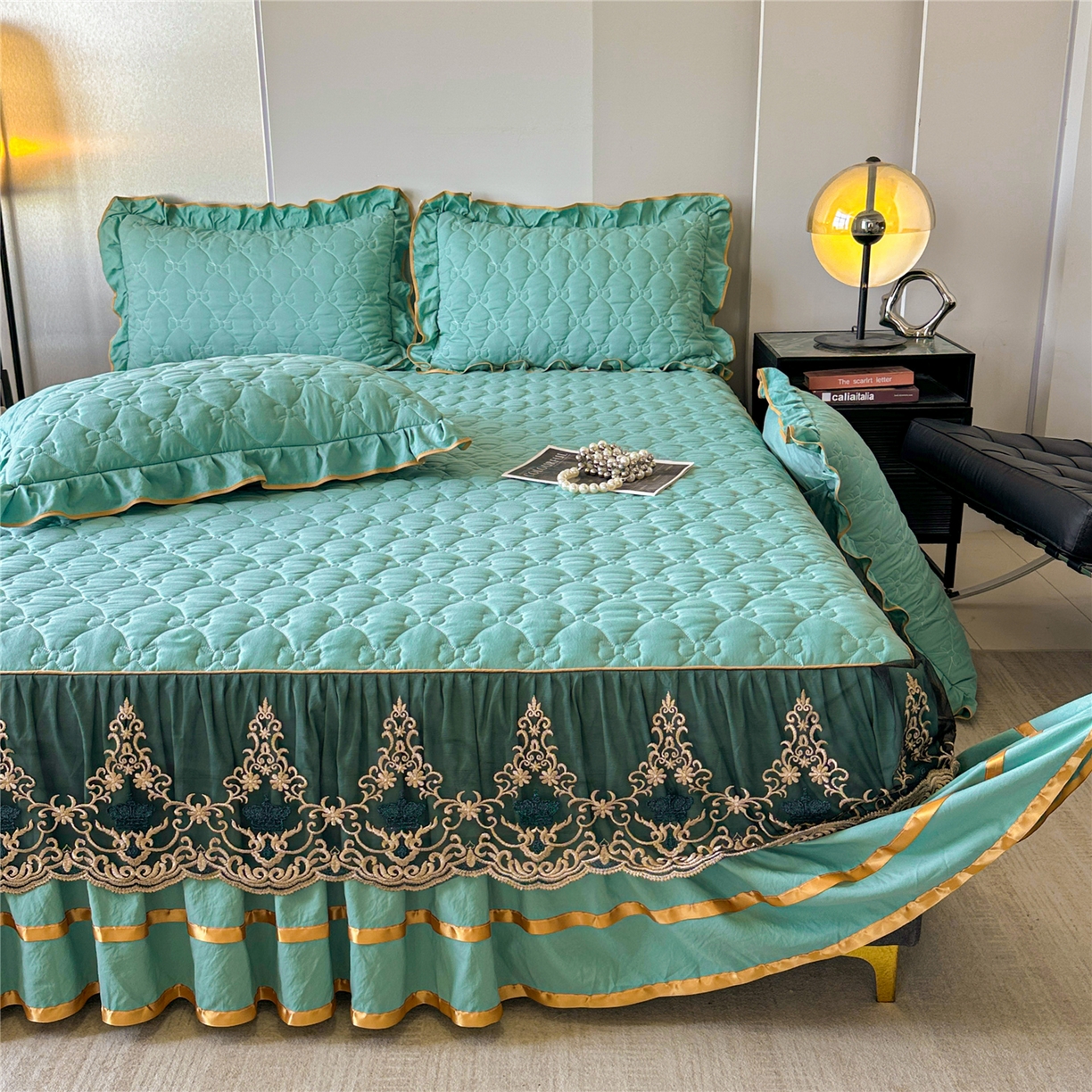 91家纺网 家纺一手货源 找家纺 屹成家纺 2025新款水洗棉单床裙 床裙单件-倾城 倾城-橄榄绿