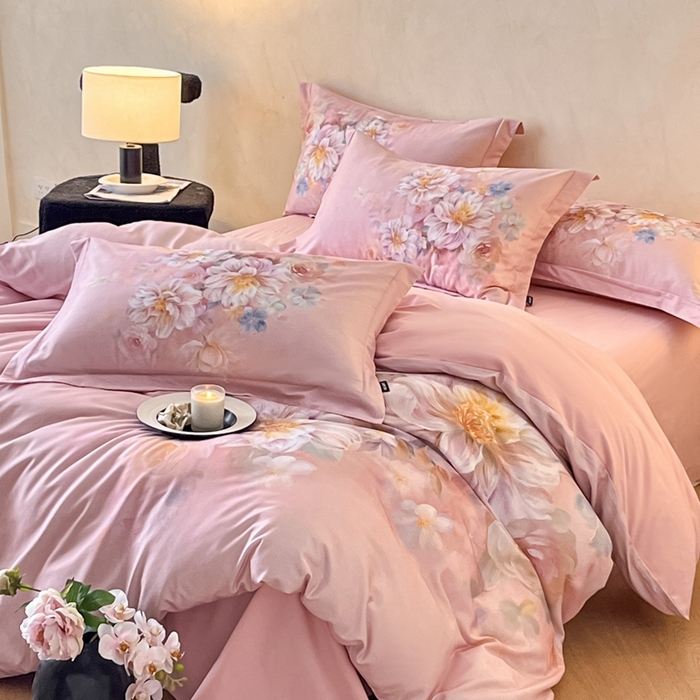 91家纺网 家纺一手货源 找家纺 禾时 2025新款全棉纯棉大版磨毛数码印花四件套(32x21磨毛） 花颜悦色（粉）