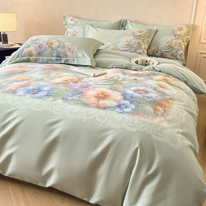 91家纺网 家纺一手货源 找家纺 禾时 2025新款全棉纯棉大版磨毛数码印花四件套(32x21磨毛） 淡雅幽香（绿）