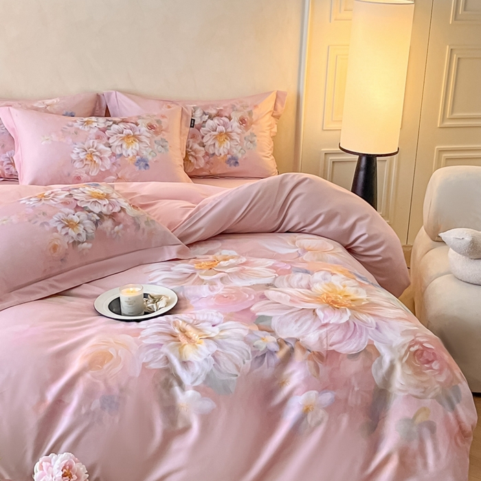 91家纺网 家纺一手货源 找家纺 禾时 2025新款全棉纯棉大版磨毛数码印花四件套(32x21磨毛） 花颜悦色（粉）