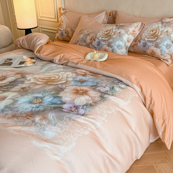 禾时 2025新款全棉纯棉大版磨毛数码印花四件套(32x21磨毛） 淡雅幽香（桔）