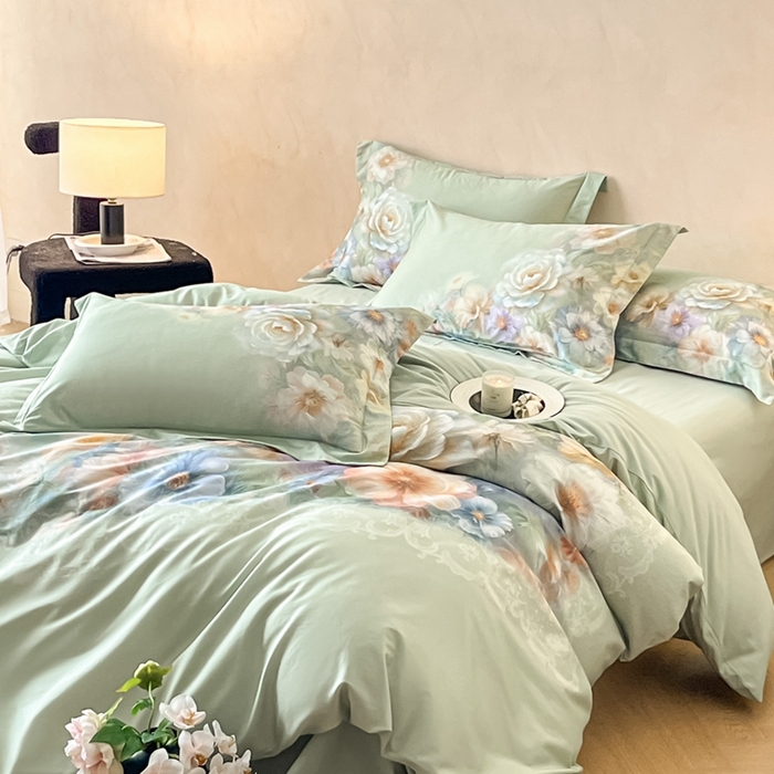 91家纺网 家纺一手货源 找家纺 禾时 2025新款全棉纯棉大版磨毛数码印花四件套(32x21磨毛） 淡雅幽香（绿）