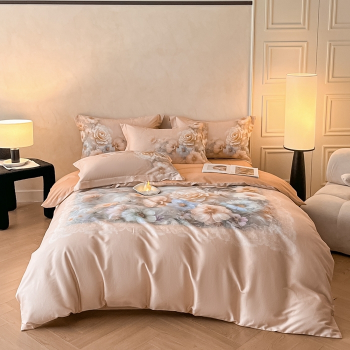 91家纺网 家纺一手货源 找家纺 禾时 2025新款全棉纯棉大版磨毛数码印花四件套(32x21磨毛） 淡雅幽香（桔）