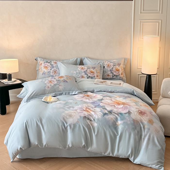 91家纺网 家纺一手货源 找家纺 禾时 2025新款全棉纯棉大版磨毛数码印花四件套(32x21磨毛） 花颜悦色（绿）