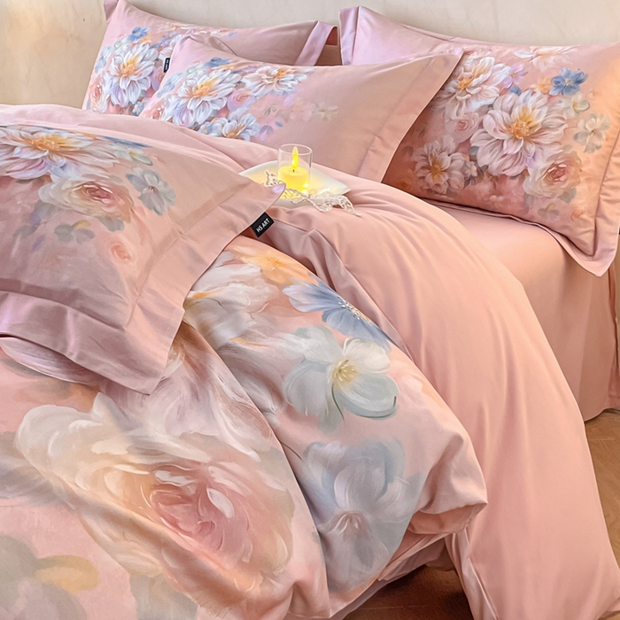 91家纺网 家纺一手货源 找家纺 禾时 2025新款全棉纯棉大版磨毛数码印花四件套(32x21磨毛） 花颜悦色（粉）