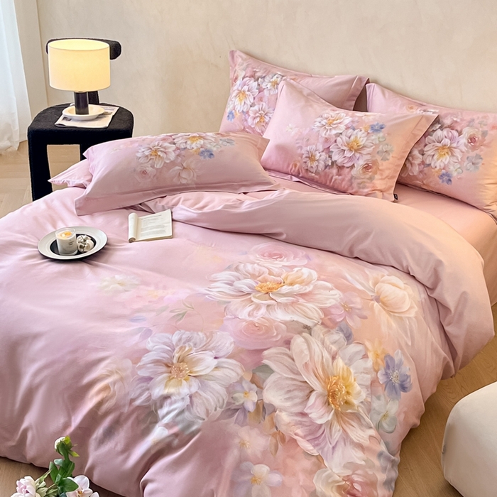 91家纺网 家纺一手货源 找家纺 禾时 2025新款全棉纯棉大版磨毛数码印花四件套(32x21磨毛） 花颜悦色（粉）