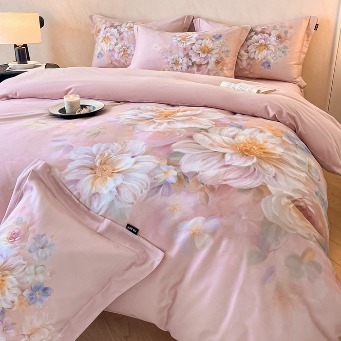 91家纺网 家纺一手货源 找家纺 禾时 2025新款全棉纯棉大版磨毛数码印花四件套(32x21磨毛） 花颜悦色（粉）