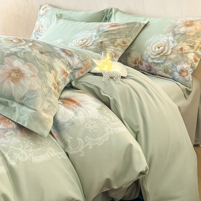 91家纺网 家纺一手货源 找家纺 禾时 2025新款全棉纯棉大版磨毛数码印花四件套(32x21磨毛） 淡雅幽香（绿）