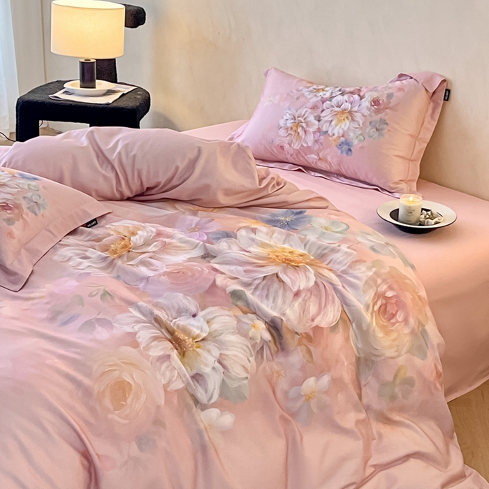 91家纺网 家纺一手货源 找家纺 禾时 2025新款全棉纯棉大版磨毛数码印花四件套(32x21磨毛） 花颜悦色（粉）