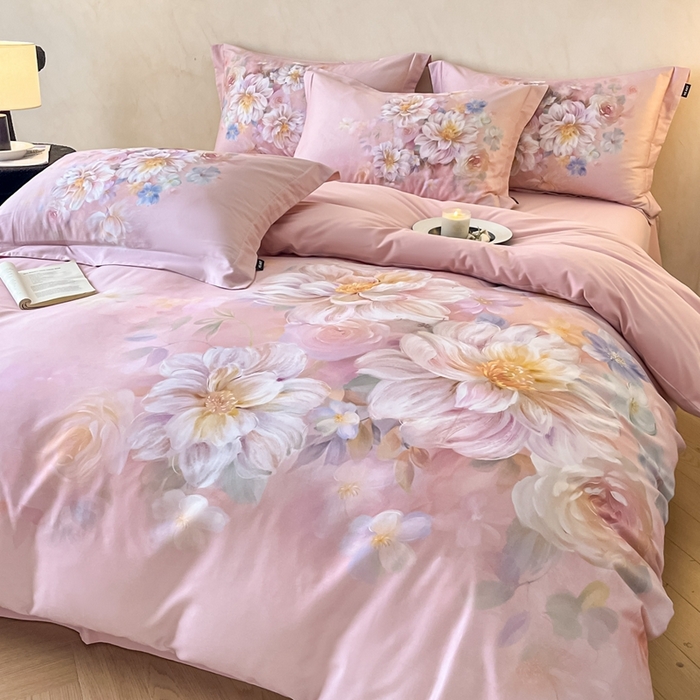 91家纺网 家纺一手货源 找家纺 禾时 2025新款全棉纯棉大版磨毛数码印花四件套(32x21磨毛） 花颜悦色（粉）