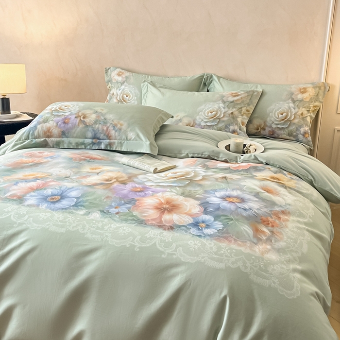 91家纺网 家纺一手货源 找家纺 禾时 2025新款全棉纯棉大版磨毛数码印花四件套(32x21磨毛） 淡雅幽香（绿）