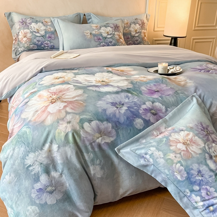 91家纺网 家纺一手货源 找家纺 禾时 2025新款全棉纯棉大版磨毛数码印花四件套(32x21磨毛） 悦染花溪（绿）