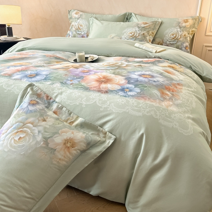 91家纺网 家纺一手货源 找家纺 禾时 2025新款全棉纯棉大版磨毛数码印花四件套(32x21磨毛） 淡雅幽香（绿）