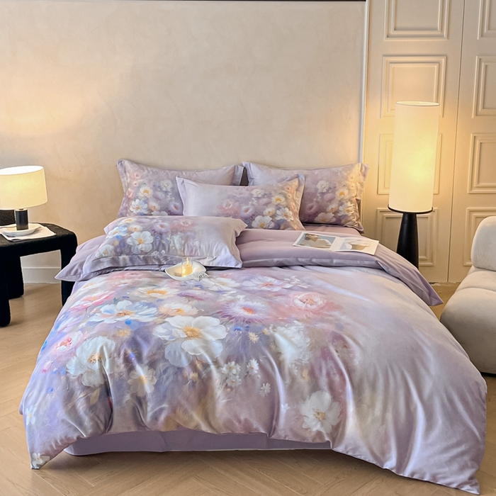 91家纺网 家纺一手货源 找家纺 禾时 2025新款全棉纯棉大版磨毛数码印花四件套(32x21磨毛） 洛神旋舞（紫）