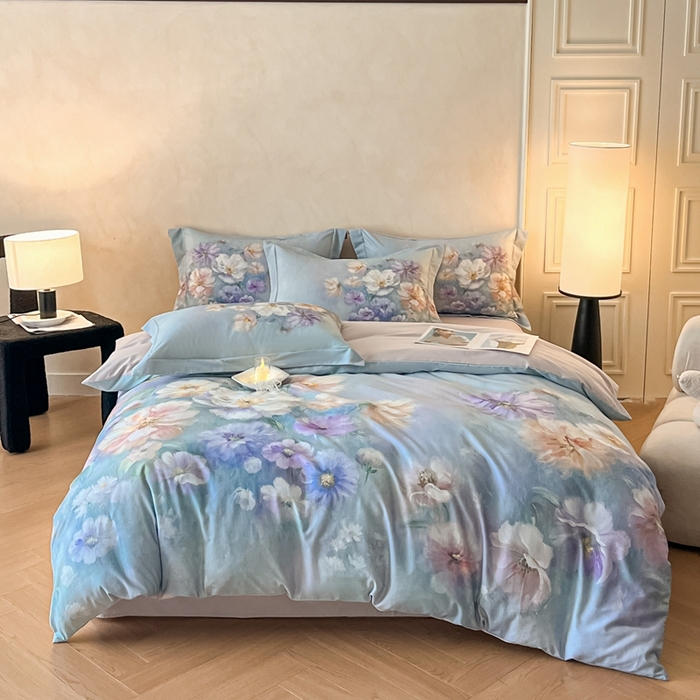 91家纺网 家纺一手货源 找家纺 禾时 2025新款全棉纯棉大版磨毛数码印花四件套(32x21磨毛） 悦染花溪（绿）