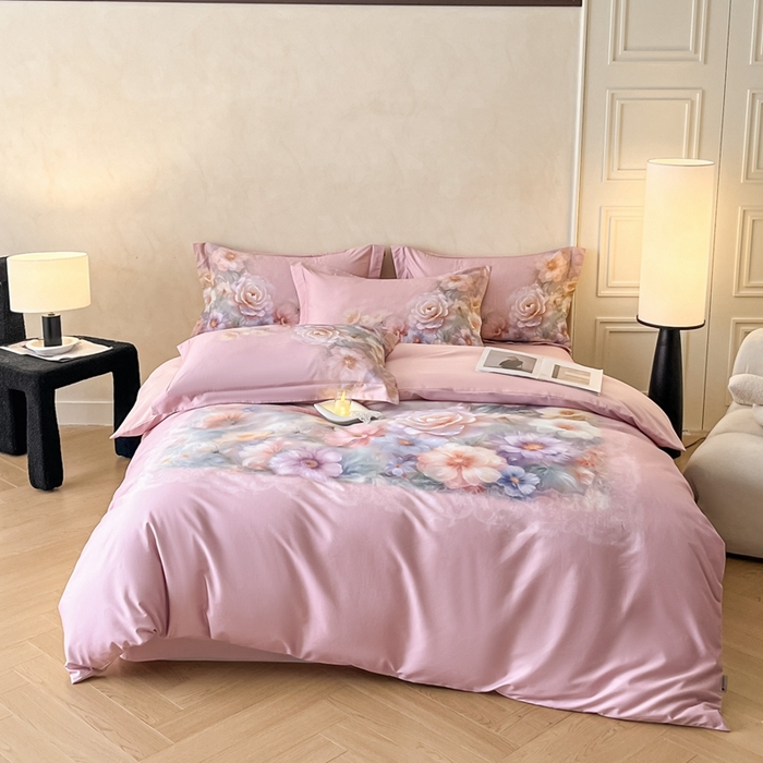 91家纺网 家纺一手货源 找家纺 禾时 2025新款全棉纯棉大版磨毛数码印花四件套(32x21磨毛） 淡雅幽香（粉）