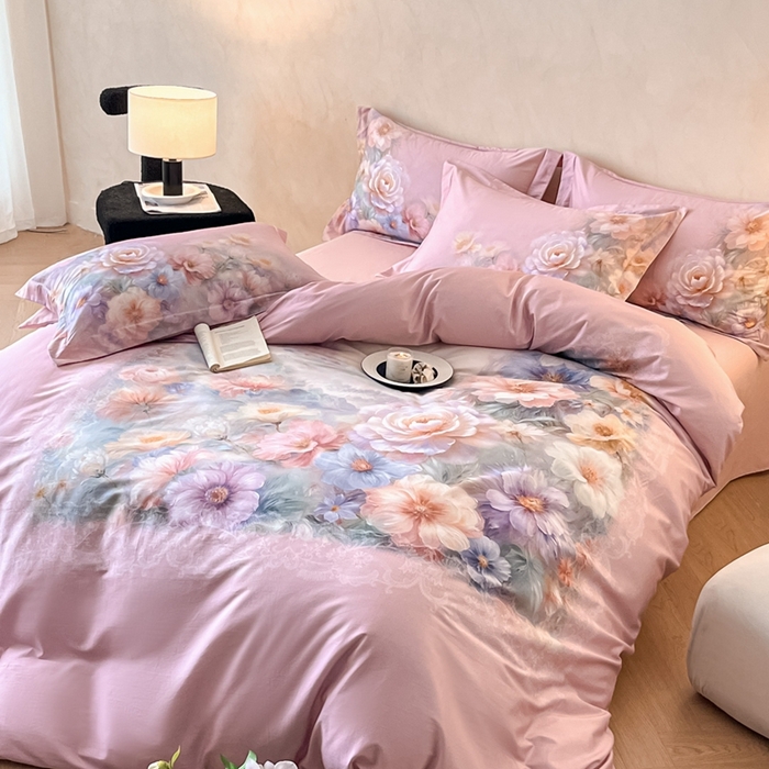 91家纺网 家纺一手货源 找家纺 禾时 2025新款全棉纯棉大版磨毛数码印花四件套(32x21磨毛） 淡雅幽香（粉）