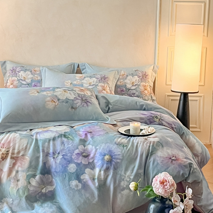 91家纺网 家纺一手货源 找家纺 禾时 2025新款全棉纯棉大版磨毛数码印花四件套(32x21磨毛） 悦染花溪（绿）