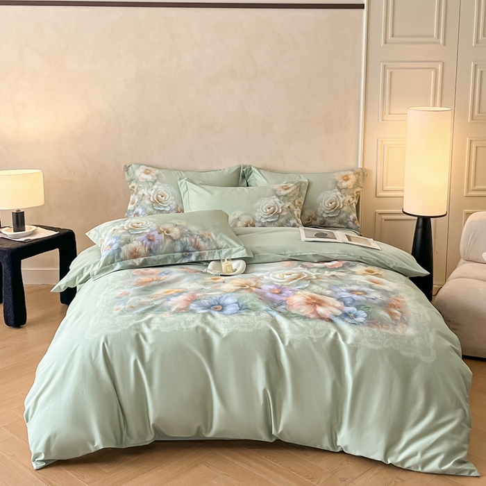 91家纺网 家纺一手货源 找家纺 禾时 2025新款全棉纯棉大版磨毛数码印花四件套(32x21磨毛） 淡雅幽香（绿）