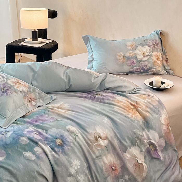 91家纺网 家纺一手货源 找家纺 禾时 2025新款全棉纯棉大版磨毛数码印花四件套(32x21磨毛） 悦染花溪（绿）