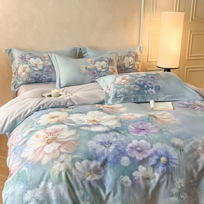 91家纺网 家纺一手货源 找家纺 禾时 2025新款全棉纯棉大版磨毛数码印花四件套(32x21磨毛） 悦染花溪（绿）