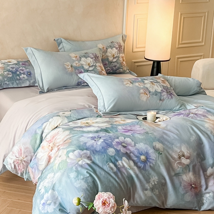 91家纺网 家纺一手货源 找家纺 禾时 2025新款全棉纯棉大版磨毛数码印花四件套(32x21磨毛） 悦染花溪（绿）