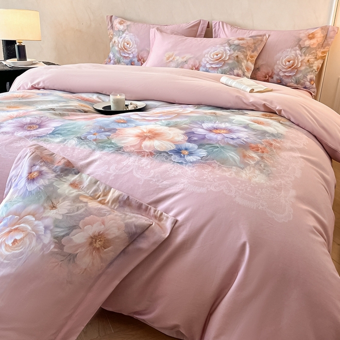 91家纺网 家纺一手货源 找家纺 禾时 2025新款全棉纯棉大版磨毛数码印花四件套(32x21磨毛） 淡雅幽香（粉）