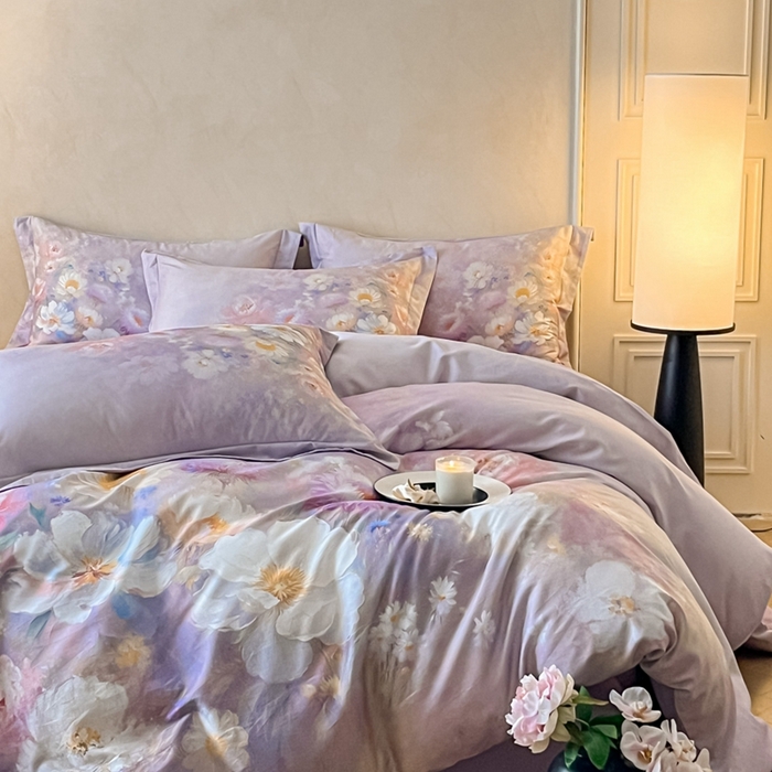 91家纺网 家纺一手货源 找家纺 禾时 2025新款全棉纯棉大版磨毛数码印花四件套(32x21磨毛） 洛神旋舞（紫）