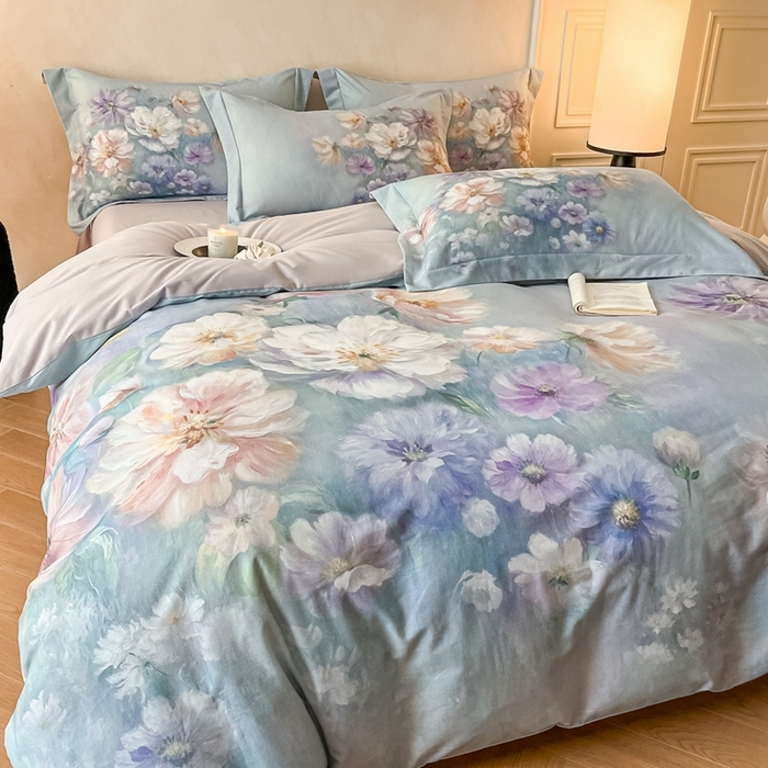 91家纺网 家纺一手货源 找家纺 禾时 2025新款全棉纯棉大版磨毛数码印花四件套(32x21磨毛） 悦染花溪（绿）